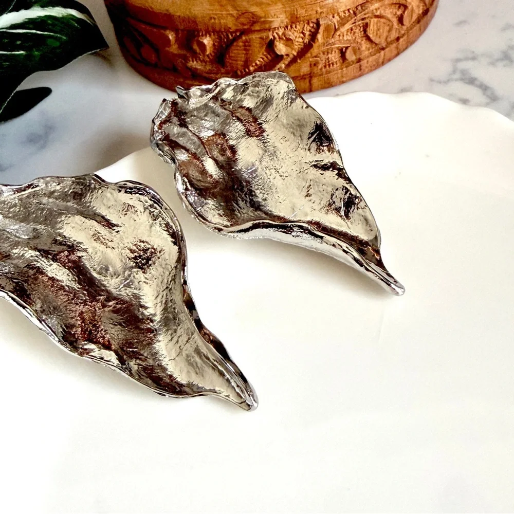 2/$30🌵 Large Silver Leaf Metal Earrings Statement Tree Nature Boho Jewelry NEW
